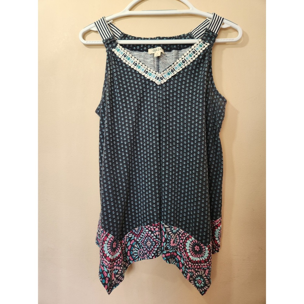 Style & Co Womens Small Navy Blue Geometric Pom‎ Pom Trim Sharkbite Tank Top